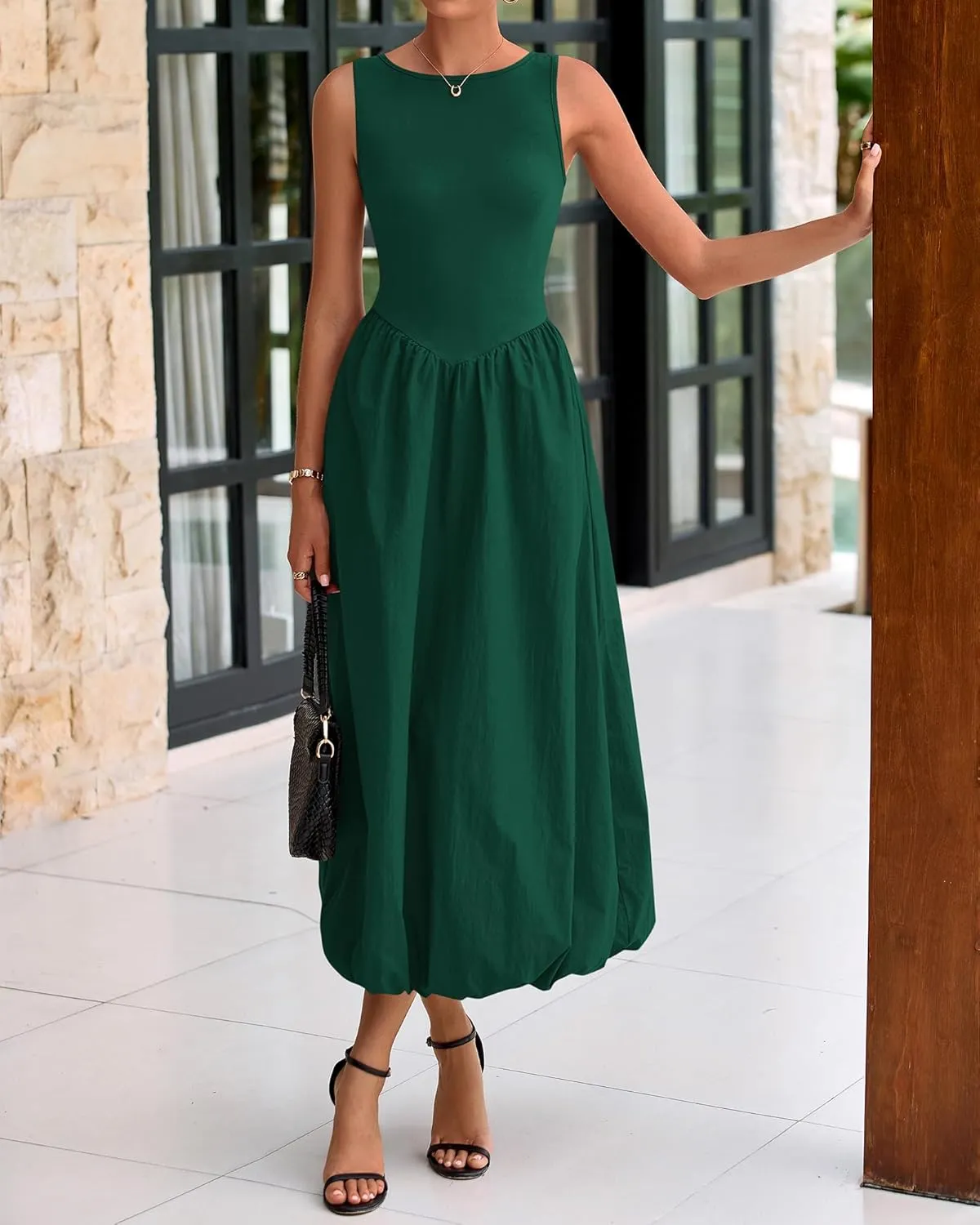 BTFBM Women's 2025 Summer Casual Sleeveless Midi Dress Patchwork Knit Tank Bubble Long Flowy Beach Maxi Sundress Pockets