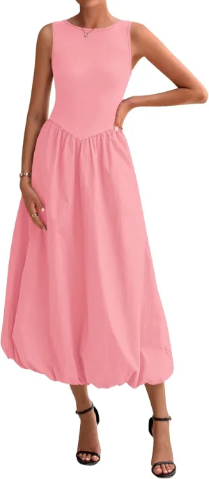 BTFBM Women's 2025 Summer Casual Sleeveless Midi Dress Patchwork Knit Tank Bubble Long Flowy Beach Maxi Sundress Pockets