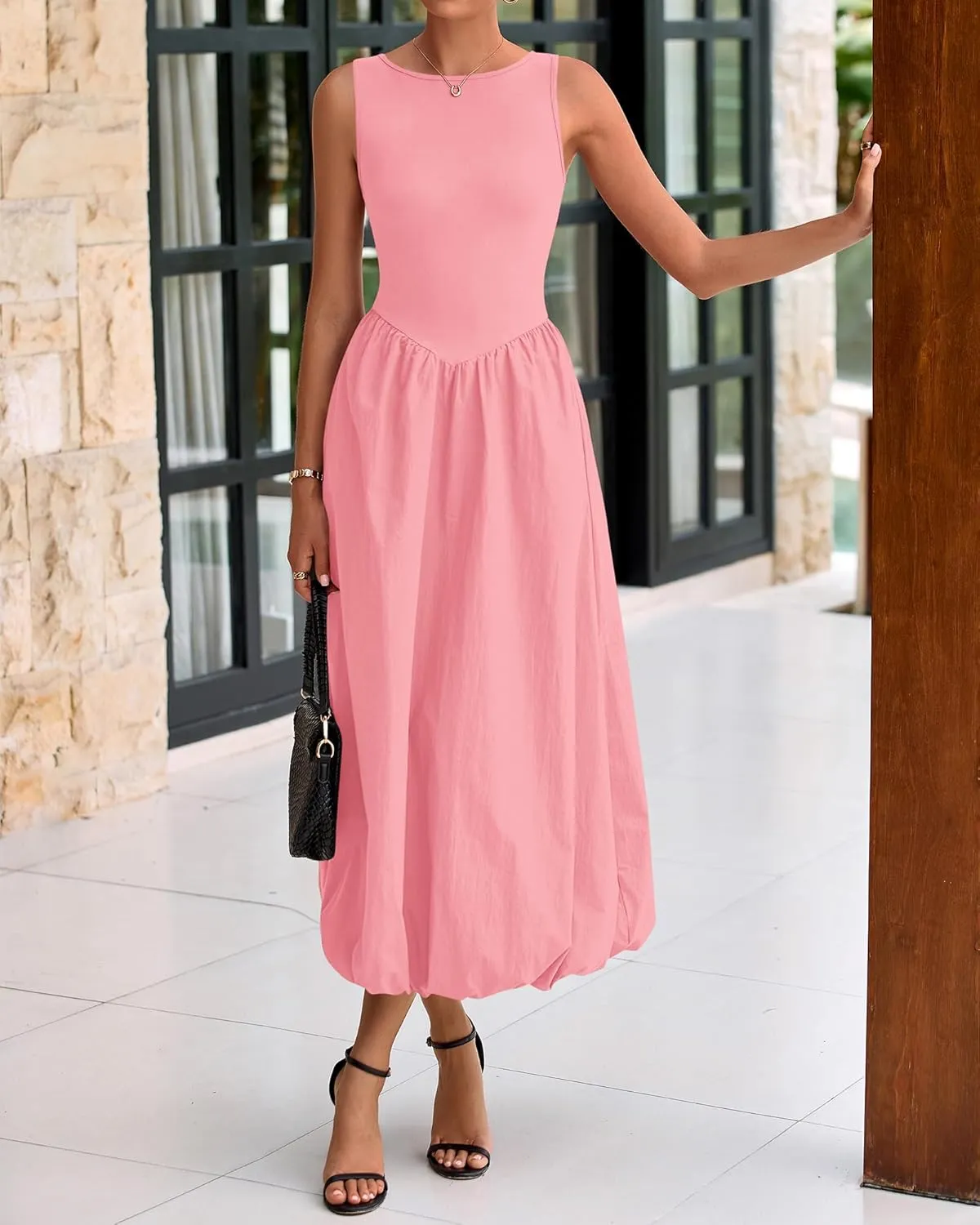 BTFBM Women's 2025 Summer Casual Sleeveless Midi Dress Patchwork Knit Tank Bubble Long Flowy Beach Maxi Sundress Pockets