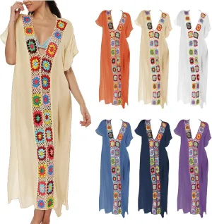 Caftan Dresses for Women Embroidery Short Sleeve Beach Cover Up V Neck Maxi Kaftan Dress