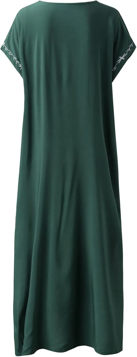 Caftan Dresses for Women Embroidery Short Sleeve Beach Cover Up V Neck Maxi Kaftan Dress