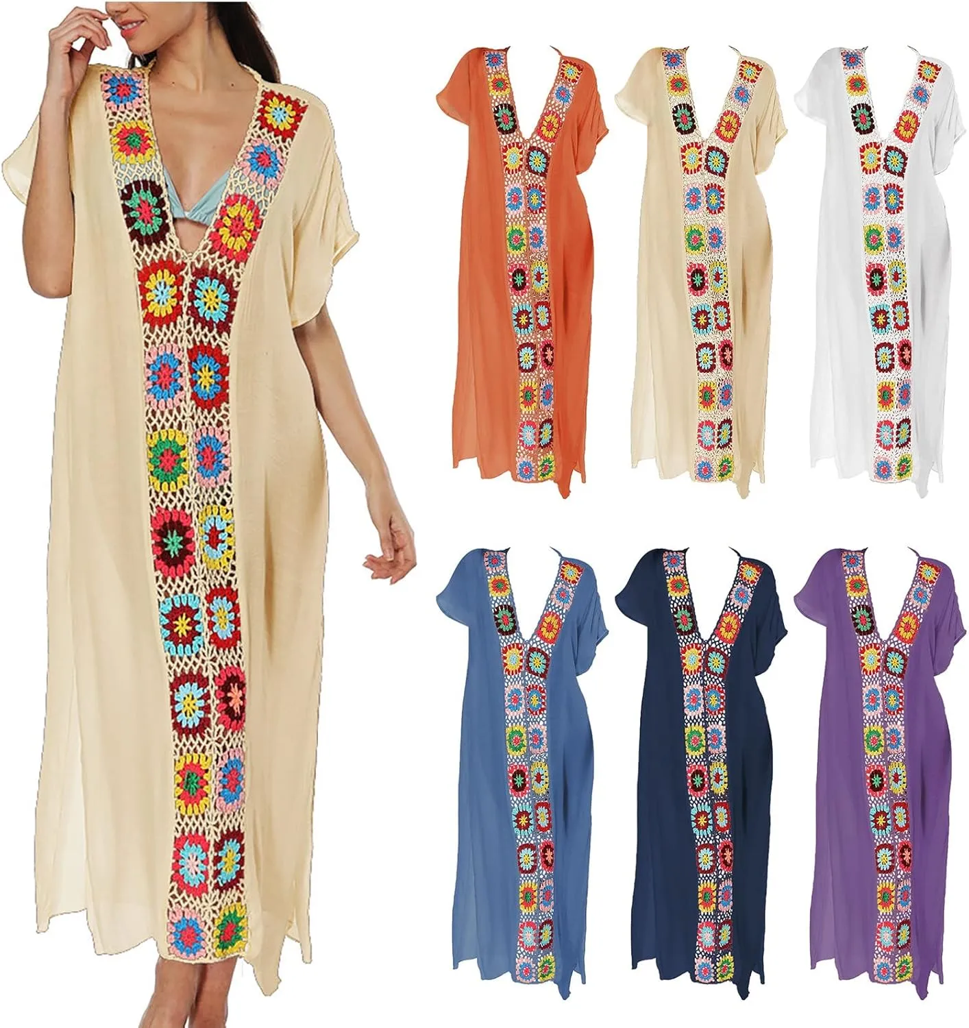 Caftan Dresses for Women Embroidery Short Sleeve Beach Cover Up V Neck Maxi Kaftan Dress