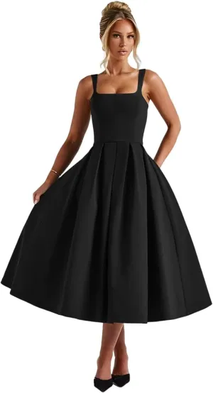 cantcauli Satin Midi Prom Dress for Women Spaghetti Strap A Line Formal Evening Dress with Pockets CT065