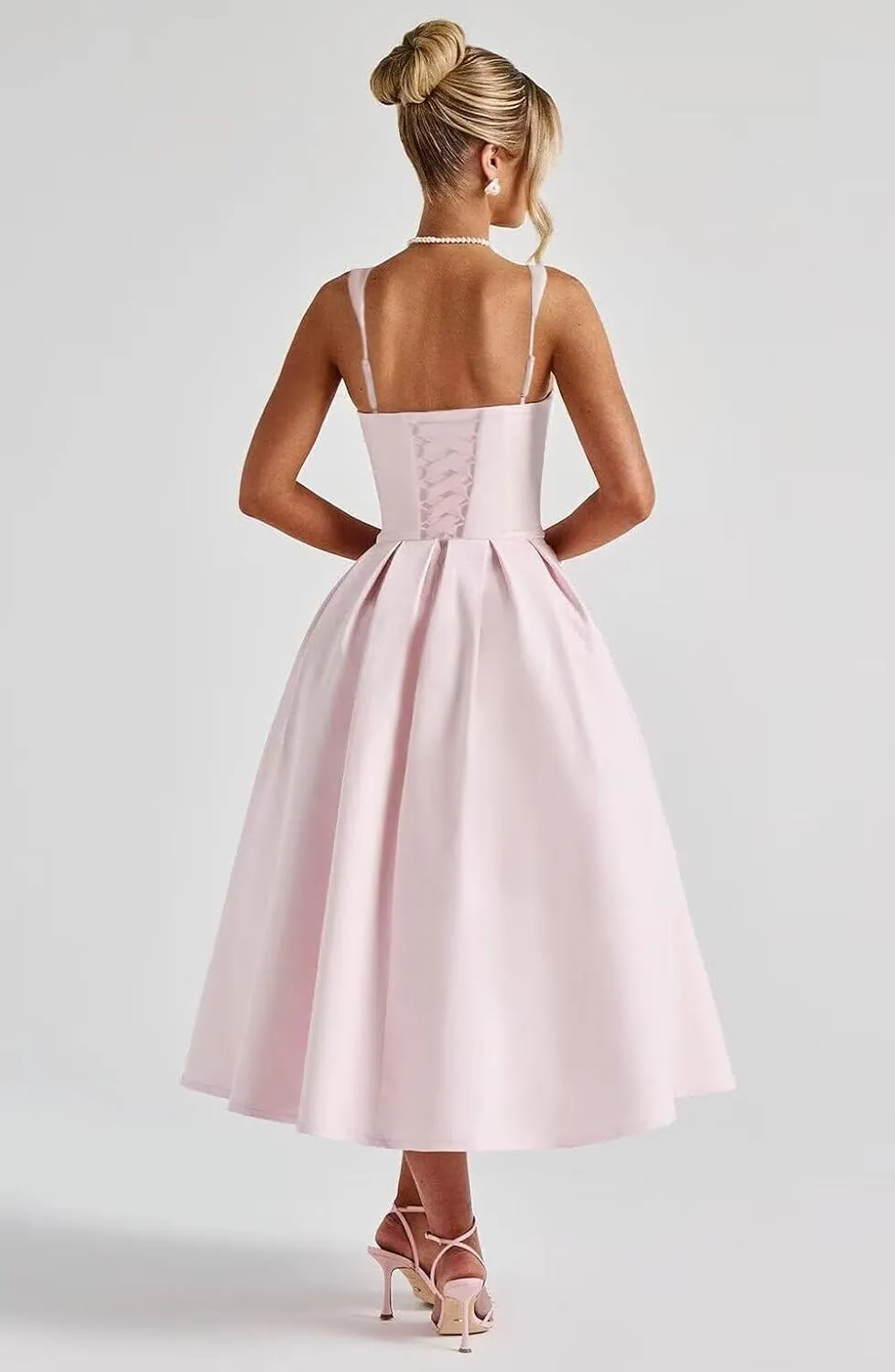 cantcauli Satin Midi Prom Dress for Women Spaghetti Strap A Line Formal Evening Dress with Pockets CT065
