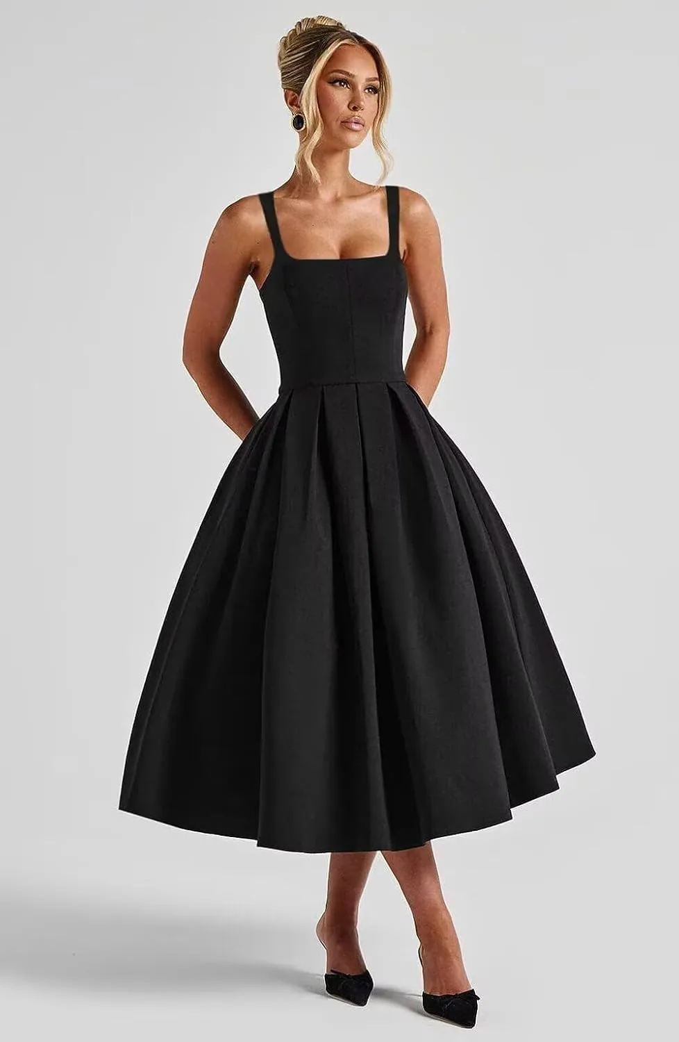 cantcauli Satin Midi Prom Dress for Women Spaghetti Strap A Line Formal Evening Dress with Pockets CT065