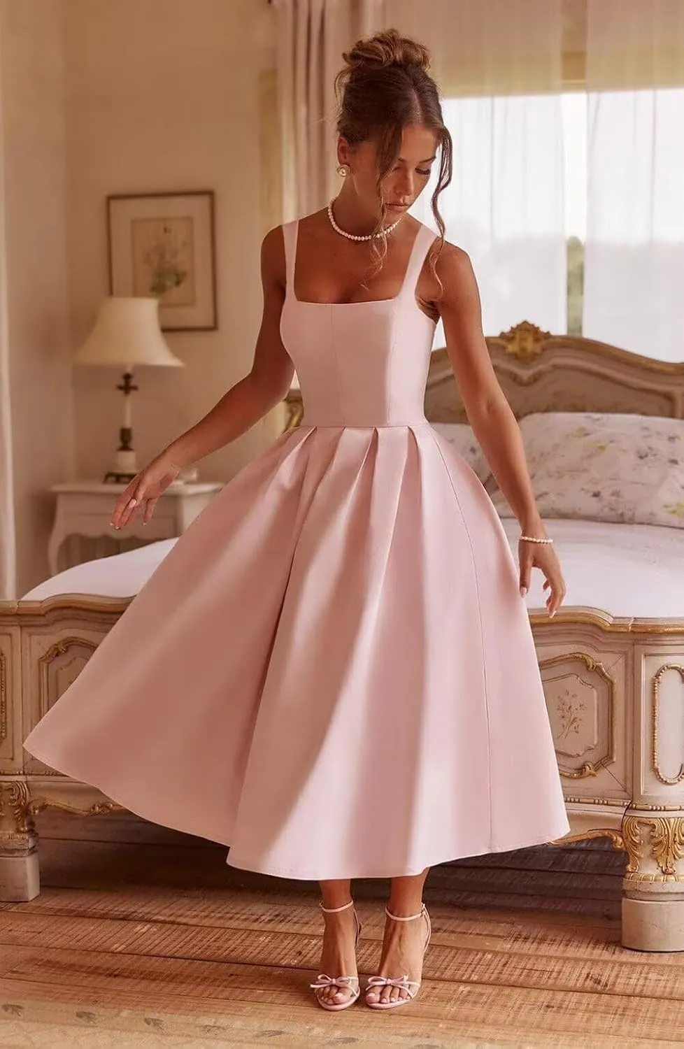 cantcauli Satin Midi Prom Dress for Women Spaghetti Strap A Line Formal Evening Dress with Pockets CT065