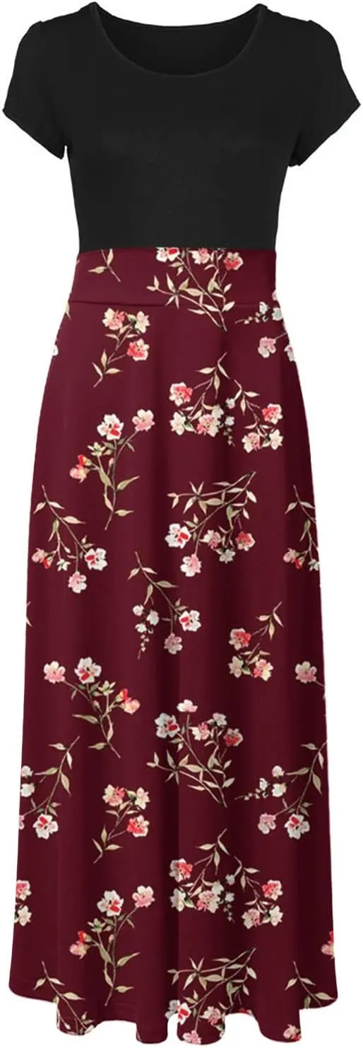 Ceboyel Women 2023 Flower Maxi Dress Summer Causal Long Dresses Short Sleeve Petite Floor Length Dress Modest Teacher Clothes