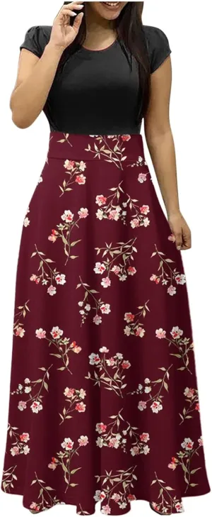 Ceboyel Women 2023 Flower Maxi Dress Summer Causal Long Dresses Short Sleeve Petite Floor Length Dress Modest Teacher Clothes