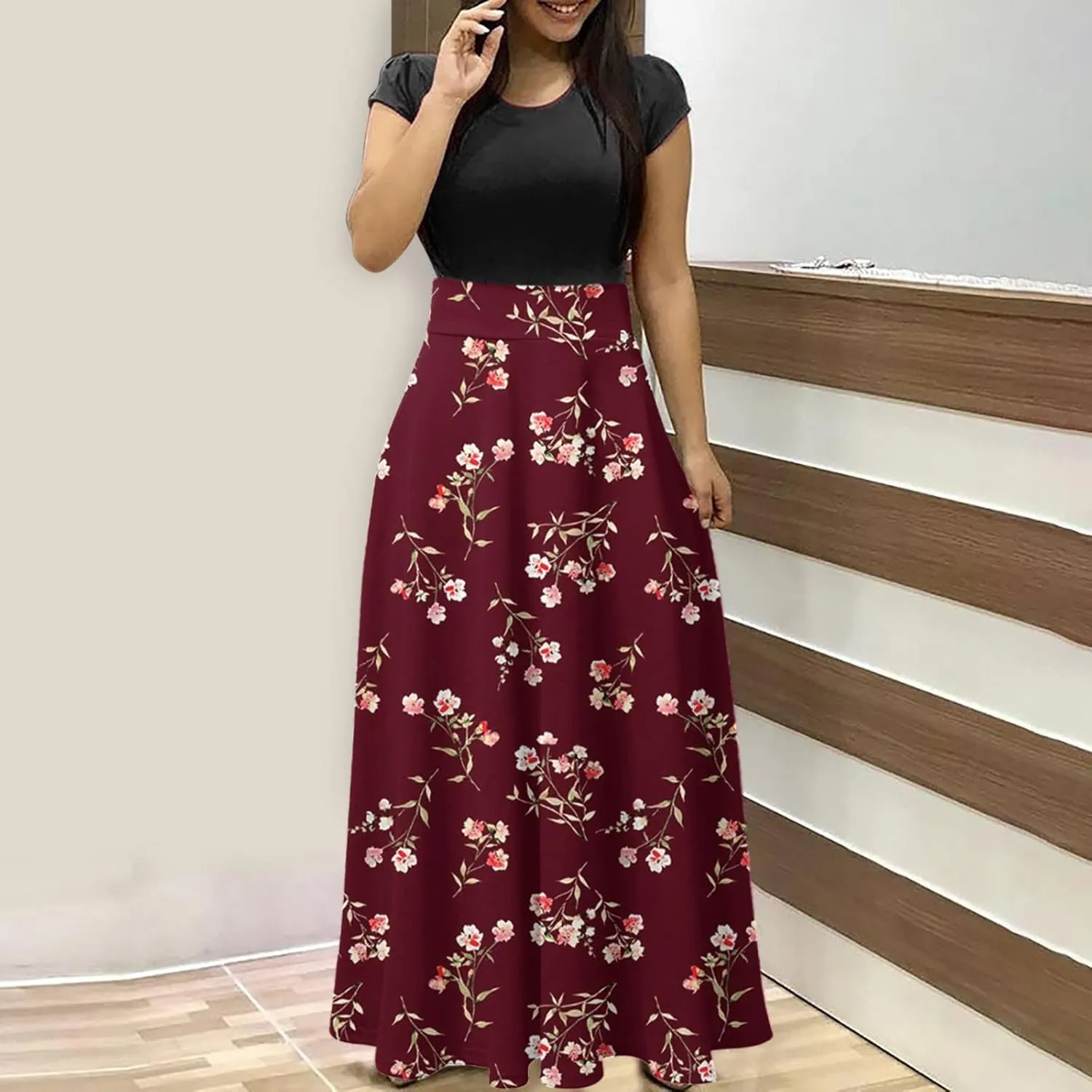 Ceboyel Women 2023 Flower Maxi Dress Summer Causal Long Dresses Short Sleeve Petite Floor Length Dress Modest Teacher Clothes