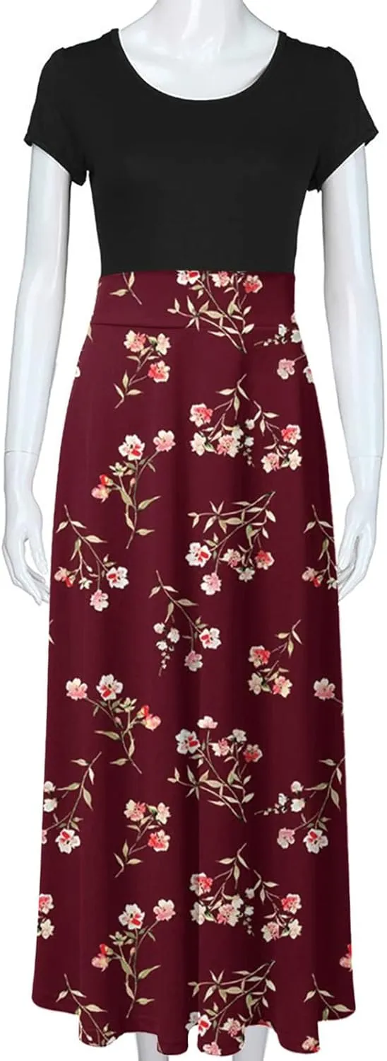 Ceboyel Women 2023 Flower Maxi Dress Summer Causal Long Dresses Short Sleeve Petite Floor Length Dress Modest Teacher Clothes