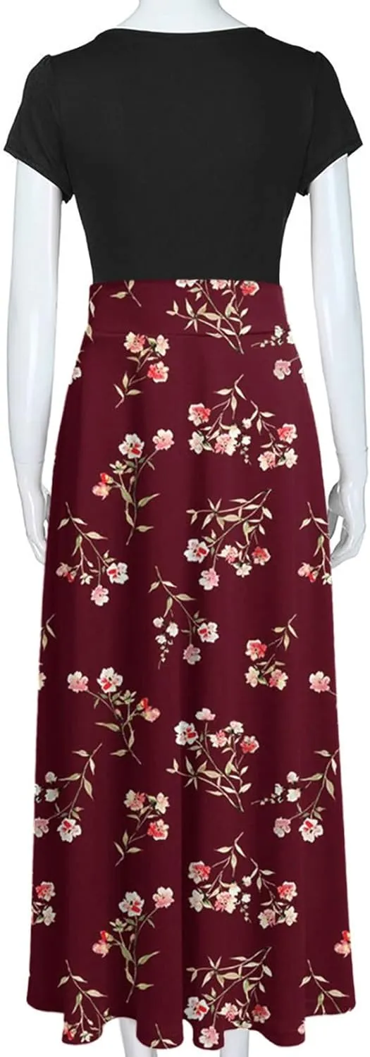 Ceboyel Women 2023 Flower Maxi Dress Summer Causal Long Dresses Short Sleeve Petite Floor Length Dress Modest Teacher Clothes