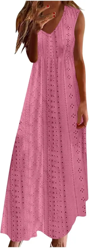 Ceboyel Women Bohemian Maxi Dresses 2024 Summer Vacation Tank Dress Trendy Sleeveless Eyelet Dresses Dressy Causal Clothes