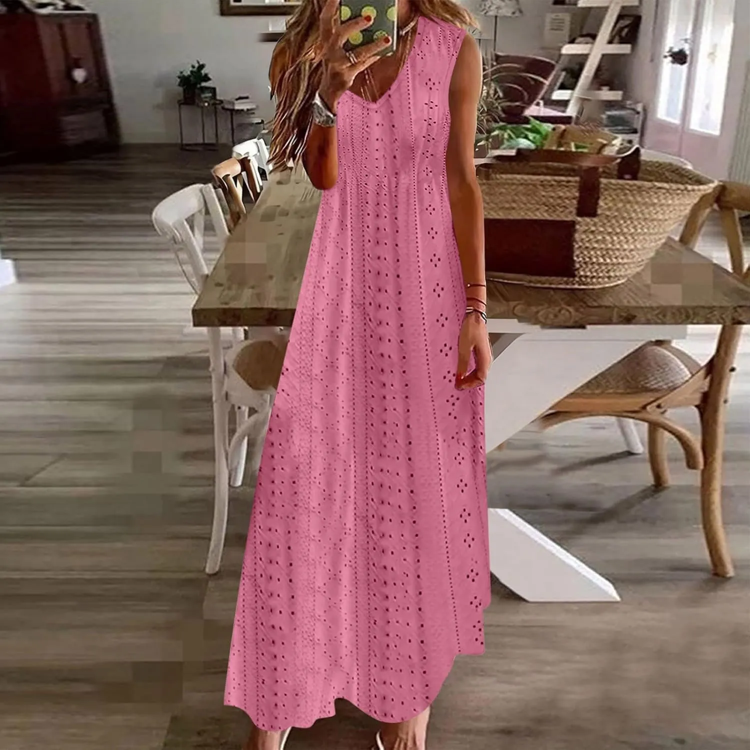 Ceboyel Women Bohemian Maxi Dresses 2024 Summer Vacation Tank Dress Trendy Sleeveless Eyelet Dresses Dressy Causal Clothes