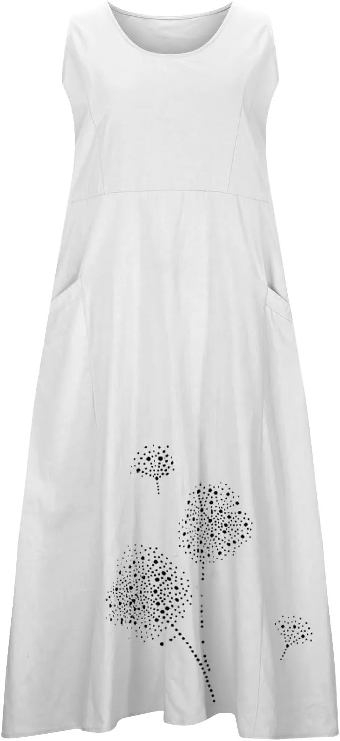 Ceboyel Womens Cotton Linen Maxi Dress Dandelion Print Long Dresses Trendy Vacation Flowy Tank Dress Boho Beach Clothes 2024