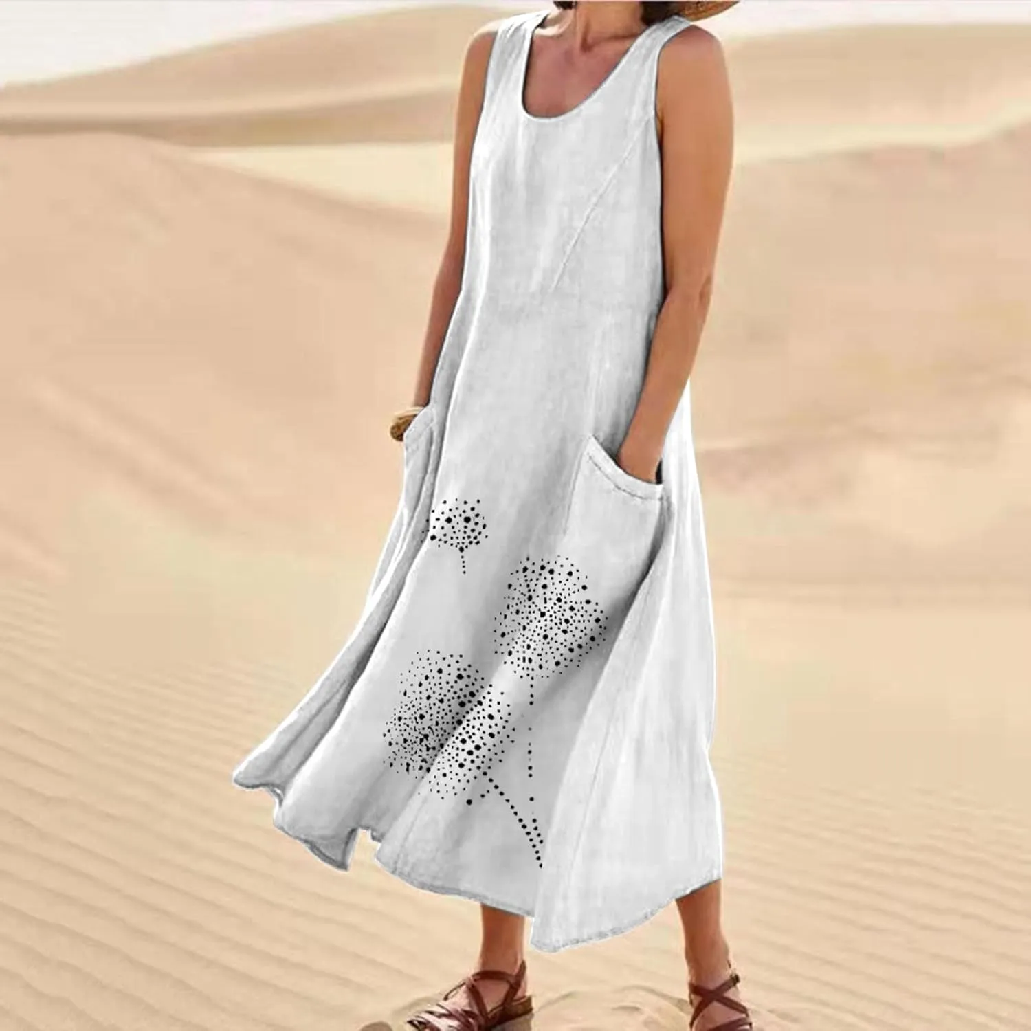 Ceboyel Womens Cotton Linen Maxi Dress Dandelion Print Long Dresses Trendy Vacation Flowy Tank Dress Boho Beach Clothes 2024