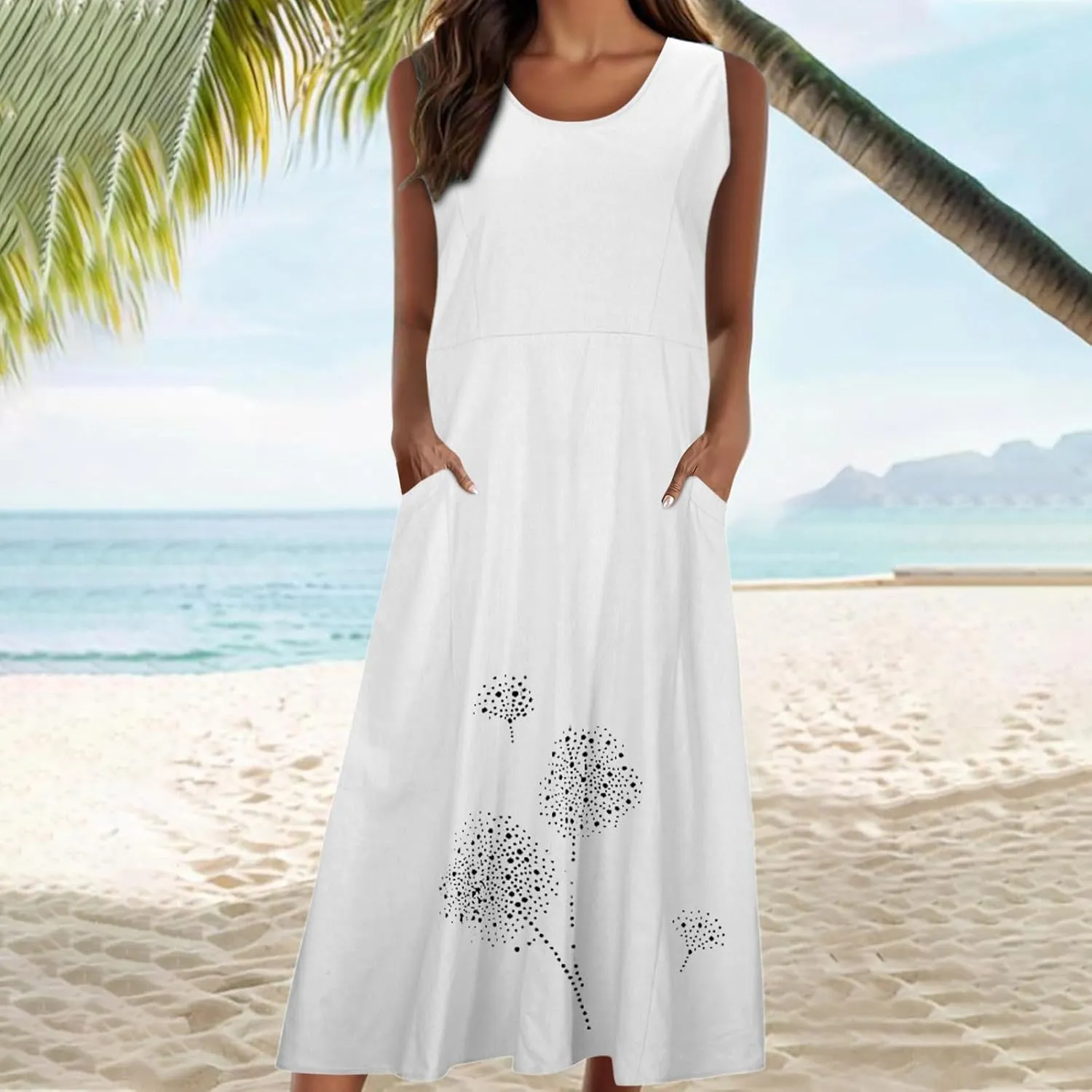 Ceboyel Womens Cotton Linen Maxi Dress Dandelion Print Long Dresses Trendy Vacation Flowy Tank Dress Boho Beach Clothes 2024