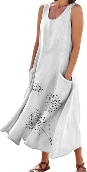 Ceboyel Womens Cotton Linen Maxi Dress Dandelion Print Long Dresses Trendy Vacation Flowy Tank Dress Boho Beach Clothes 2024