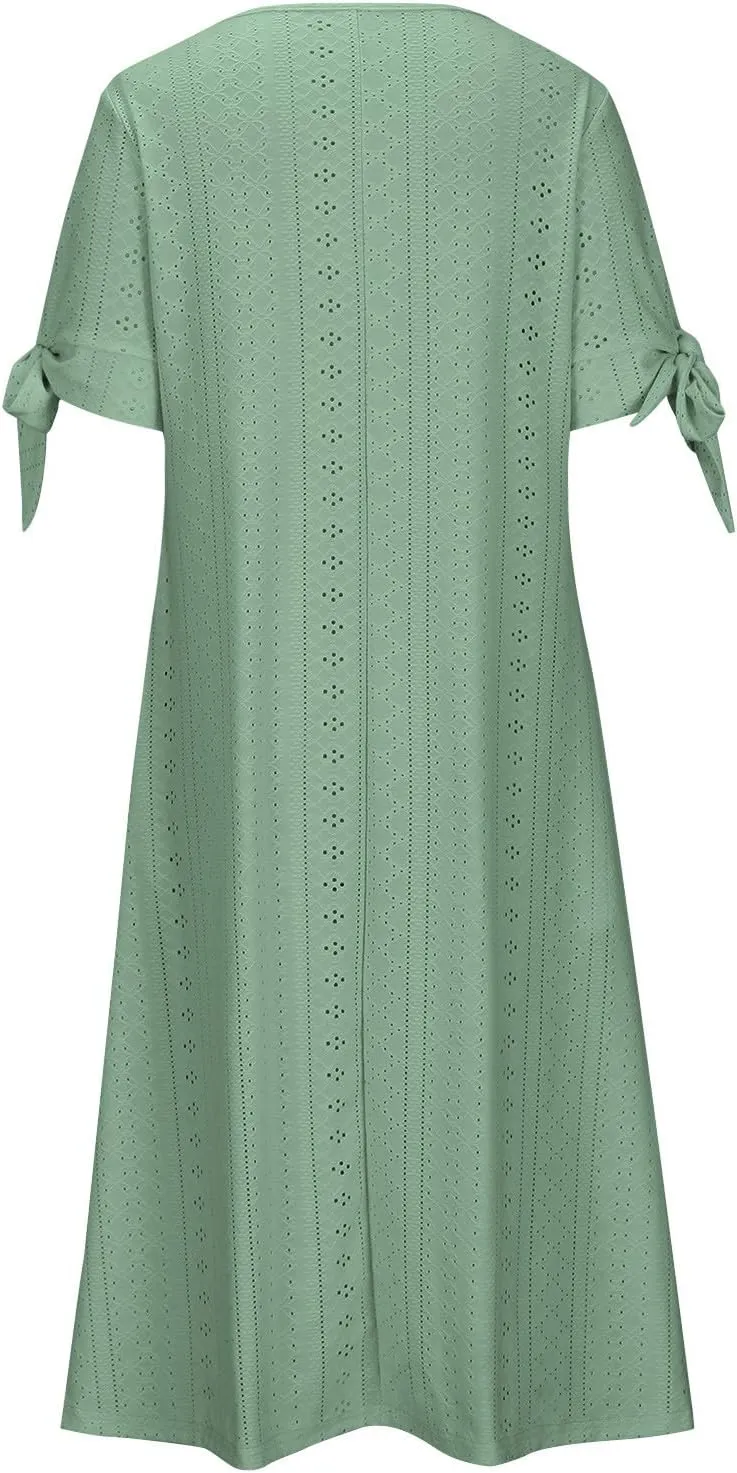 Ceboyel Womens Eyelet Casual Summer Dress Boho Embroidery Maxi Dresses Pleated Long Dress Vacation Trendy Clothing 2024