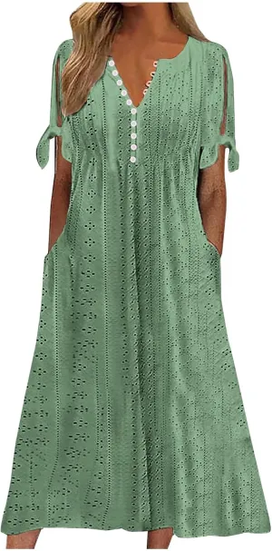 Ceboyel Womens Eyelet Casual Summer Dress Boho Embroidery Maxi Dresses Pleated Long Dress Vacation Trendy Clothing 2024