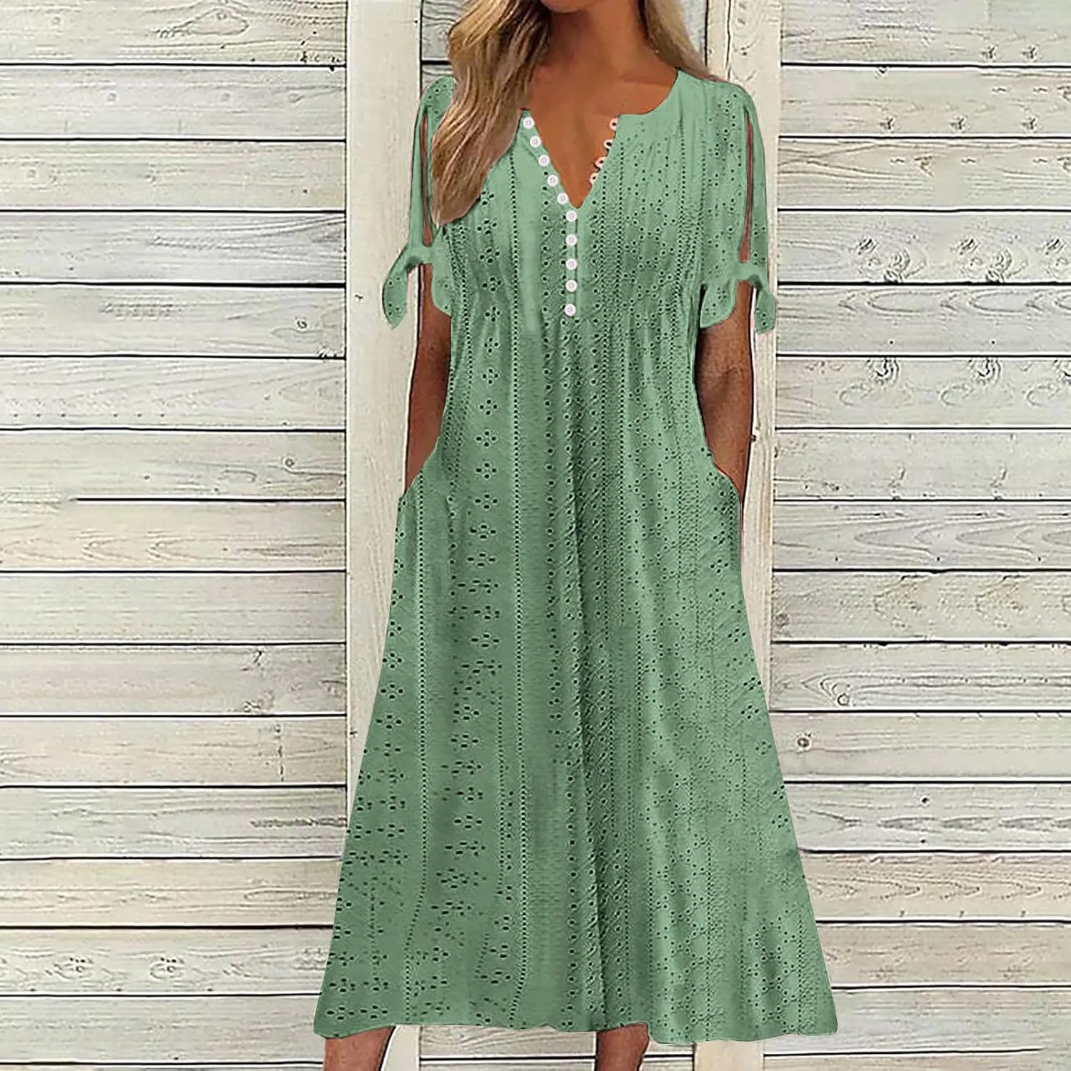 Ceboyel Womens Eyelet Casual Summer Dress Boho Embroidery Maxi Dresses Pleated Long Dress Vacation Trendy Clothing 2024