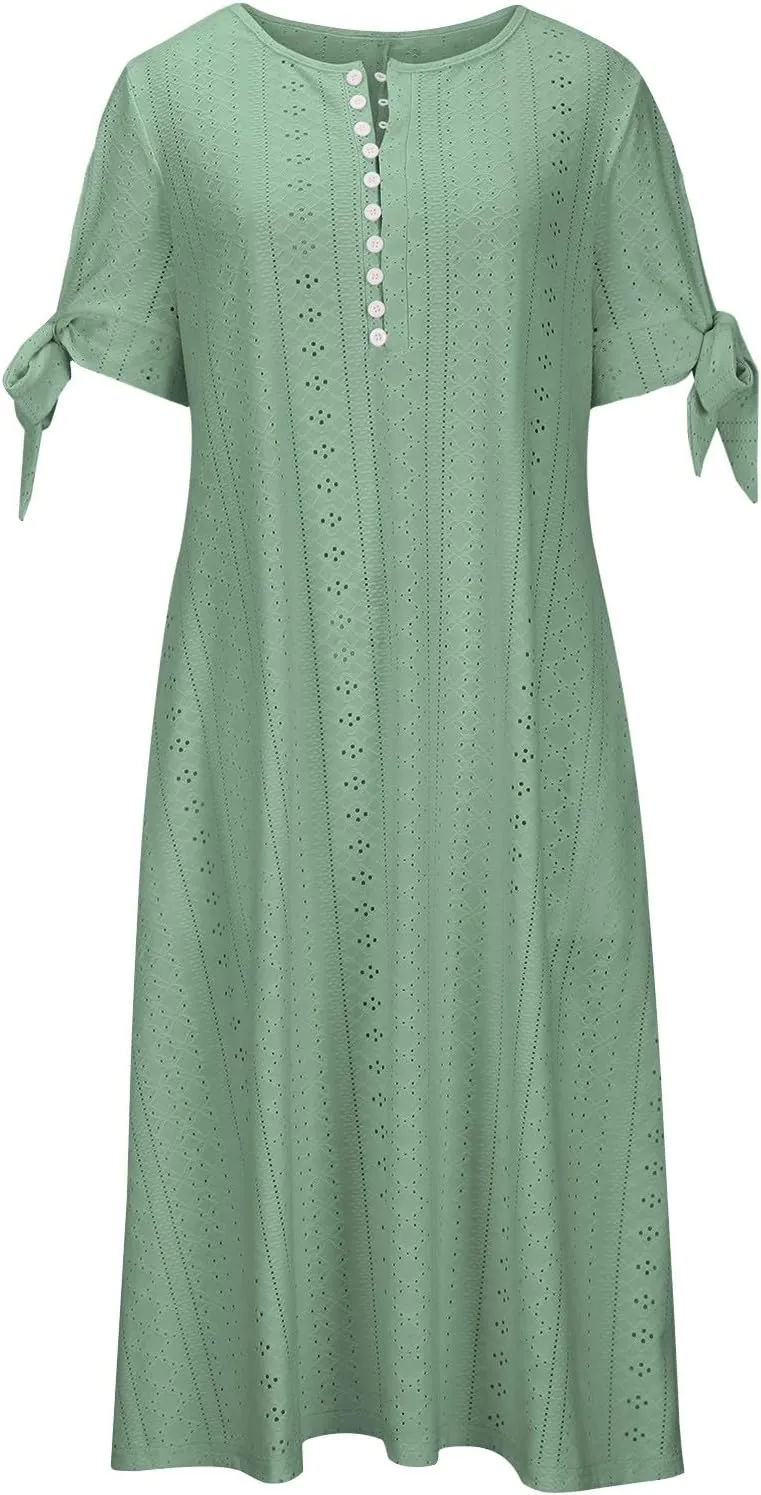 Ceboyel Womens Eyelet Casual Summer Dress Boho Embroidery Maxi Dresses Pleated Long Dress Vacation Trendy Clothing 2024