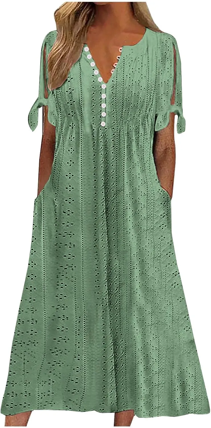 Ceboyel Womens Eyelet Casual Summer Dress Boho Embroidery Maxi Dresses Pleated Long Dress Vacation Trendy Clothing 2024