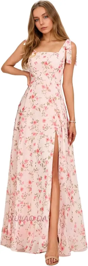 Chiffon Birdesmaid Dresses Long Square Neck Formal Dress with Slit Bow Prom Dresses for Women with Pockets
