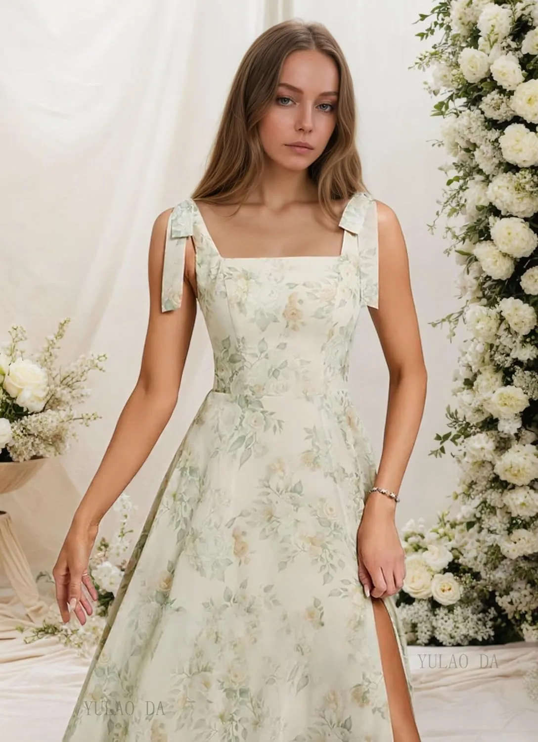 Chiffon Birdesmaid Dresses Long Square Neck Formal Dress with Slit Bow Prom Dresses for Women with Pockets