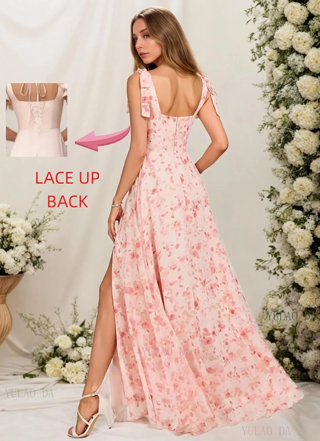 Chiffon Birdesmaid Dresses Long Square Neck Formal Dress with Slit Bow Prom Dresses for Women with Pockets