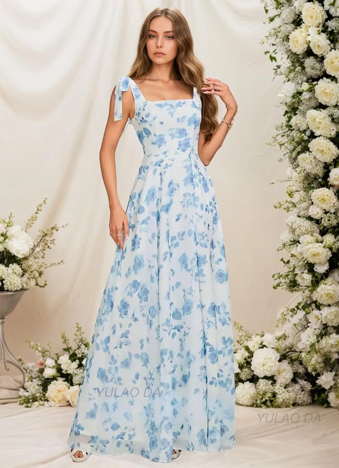 Chiffon Birdesmaid Dresses Long Square Neck Formal Dress with Slit Bow Prom Dresses for Women with Pockets