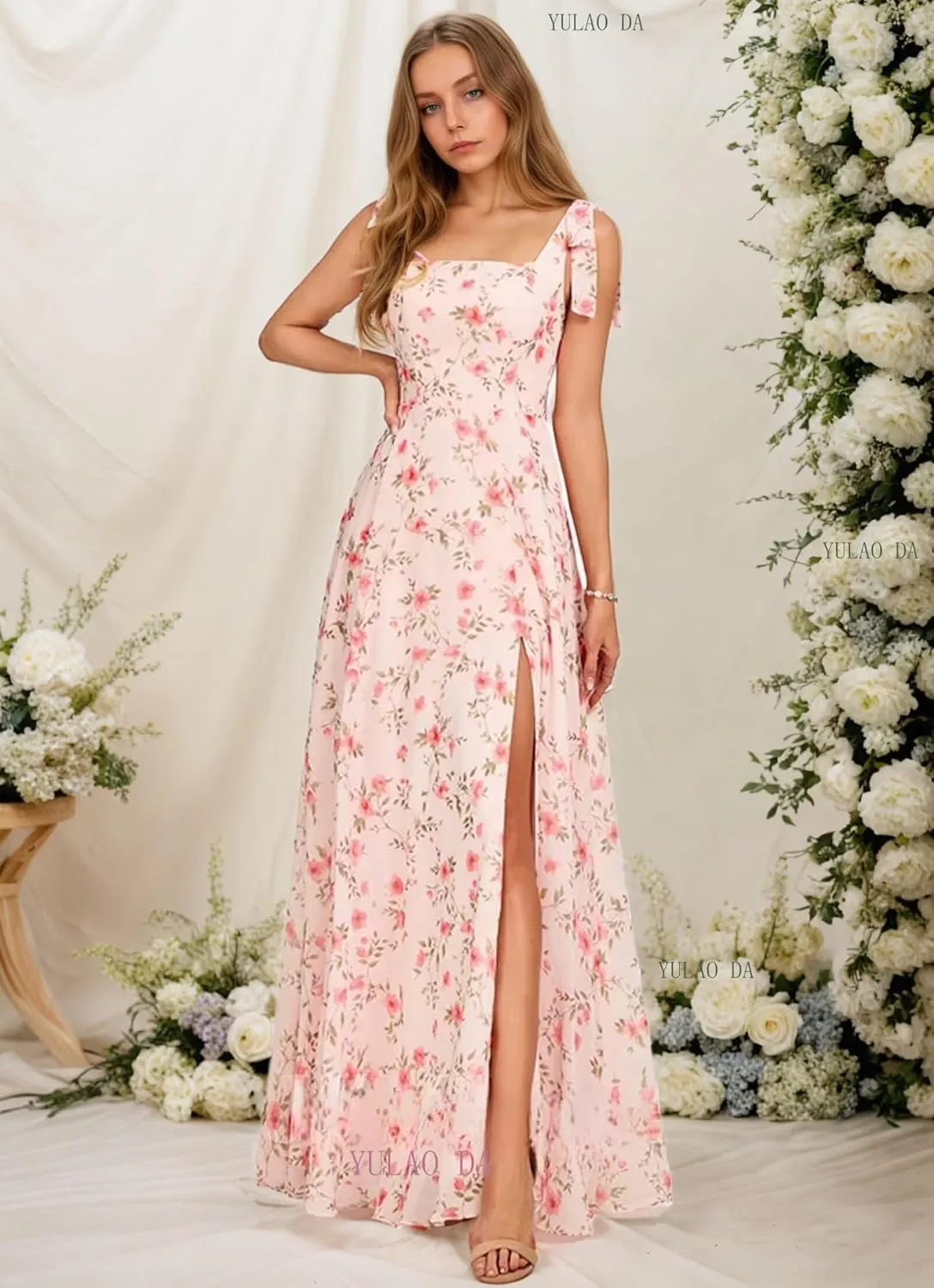 Chiffon Birdesmaid Dresses Long Square Neck Formal Dress with Slit Bow Prom Dresses for Women with Pockets
