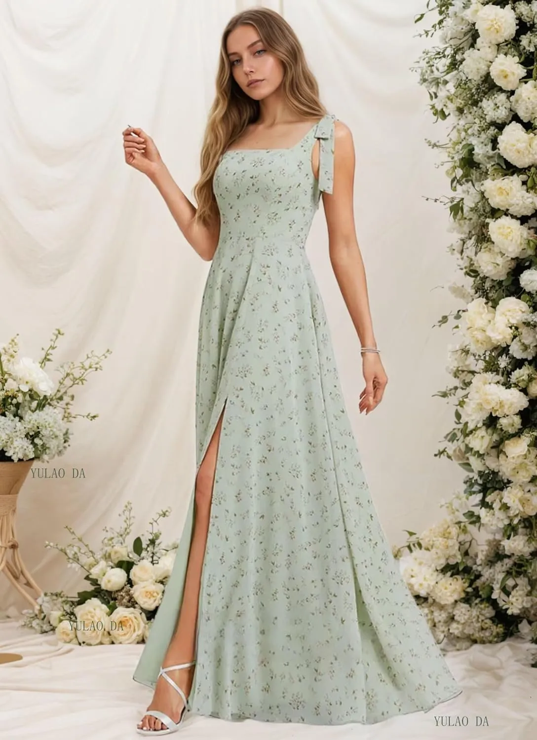 Chiffon Birdesmaid Dresses Long Square Neck Formal Dress with Slit Bow Prom Dresses for Women with Pockets