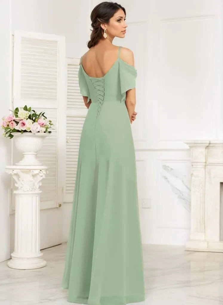 Chiffon Bridesmaid Dresses for Wedding with Slit Formal Wedding Guest Dresses for Women with Pocket NO82