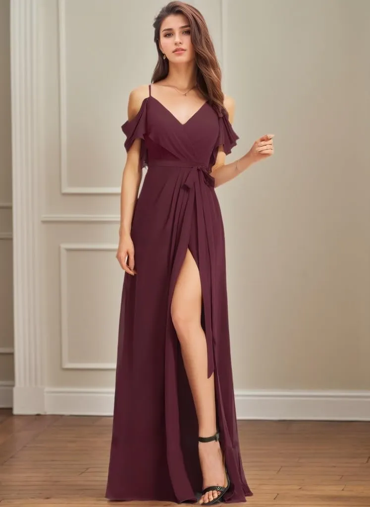 Chiffon Bridesmaid Dresses for Wedding with Slit Formal Wedding Guest Dresses for Women with Pocket NO82