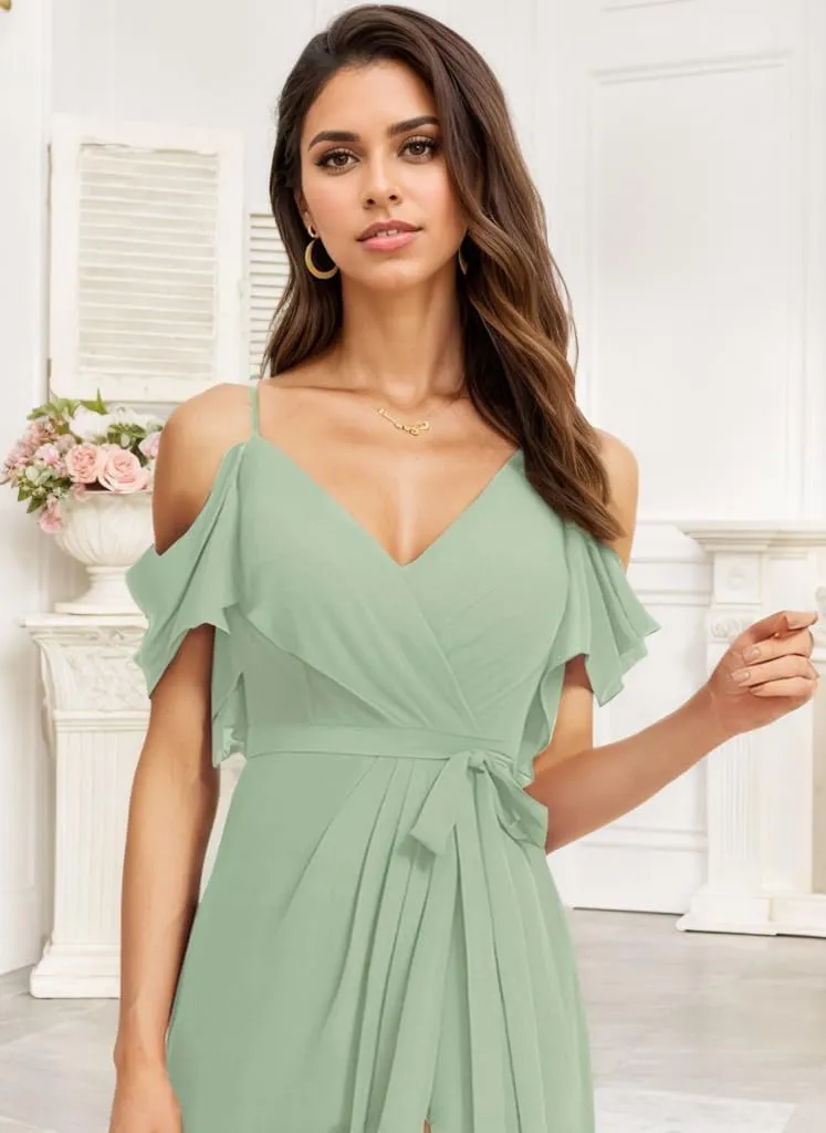 Chiffon Bridesmaid Dresses for Wedding with Slit Formal Wedding Guest Dresses for Women with Pocket NO82