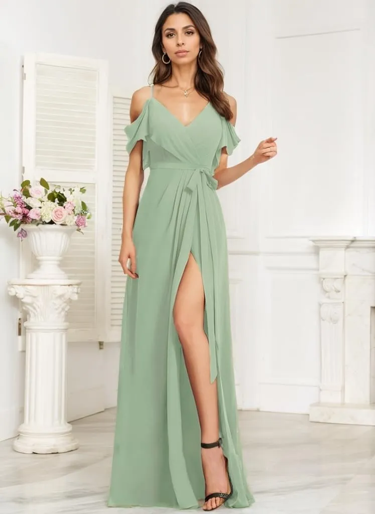 Chiffon Bridesmaid Dresses for Wedding with Slit Formal Wedding Guest Dresses for Women with Pocket NO82
