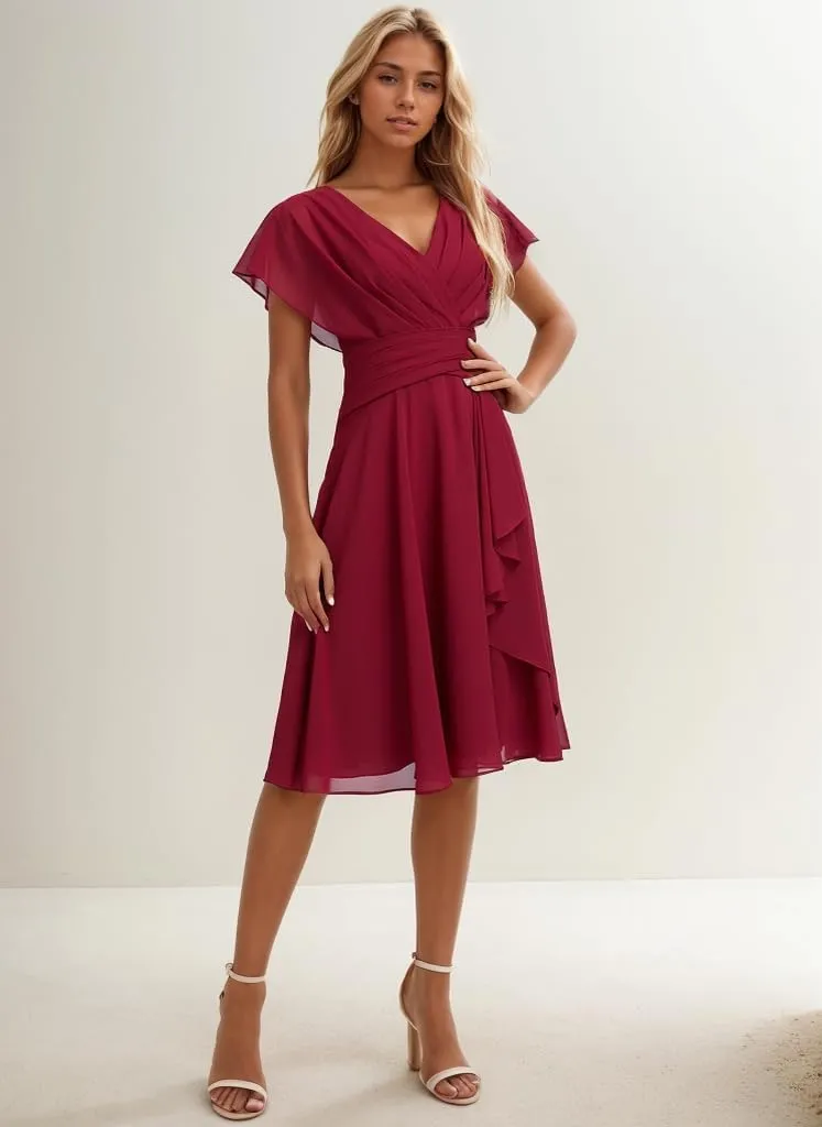 Chiffon Bridesmaid Dresses for Women V Neck Formal Dress with Sleeves Short Evening Party Gown