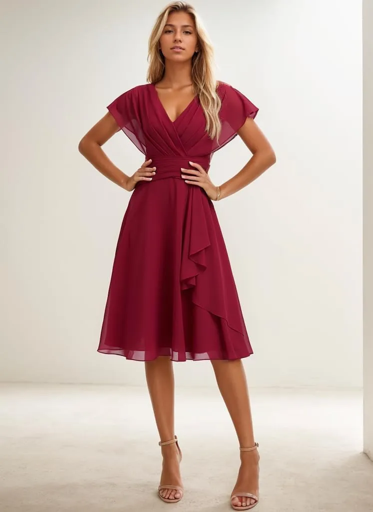 Chiffon Bridesmaid Dresses for Women V Neck Formal Dress with Sleeves Short Evening Party Gown