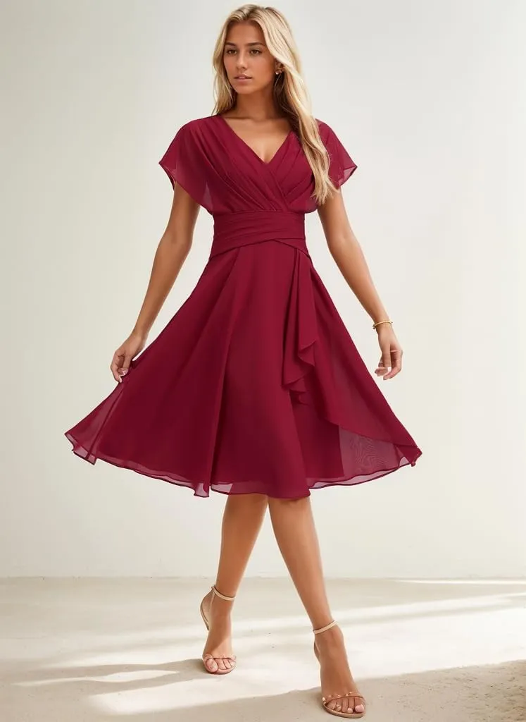 Chiffon Bridesmaid Dresses for Women V Neck Formal Dress with Sleeves Short Evening Party Gown