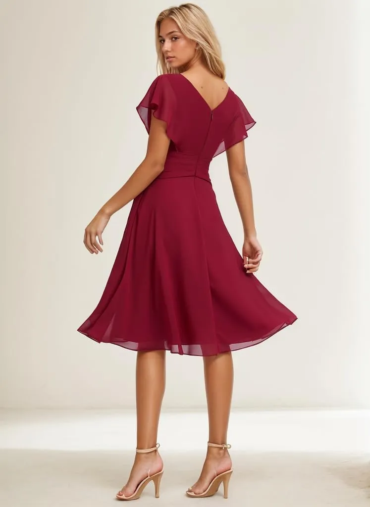 Chiffon Bridesmaid Dresses for Women V Neck Formal Dress with Sleeves Short Evening Party Gown