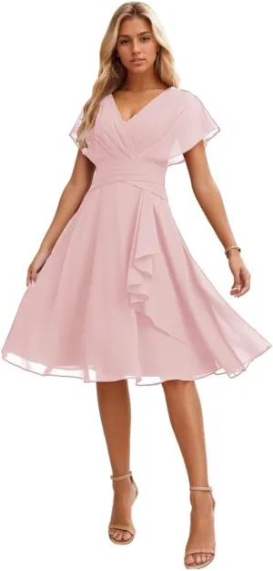 Chiffon Bridesmaid Dresses for Women V Neck Formal Dress with Sleeves Short Evening Party Gown