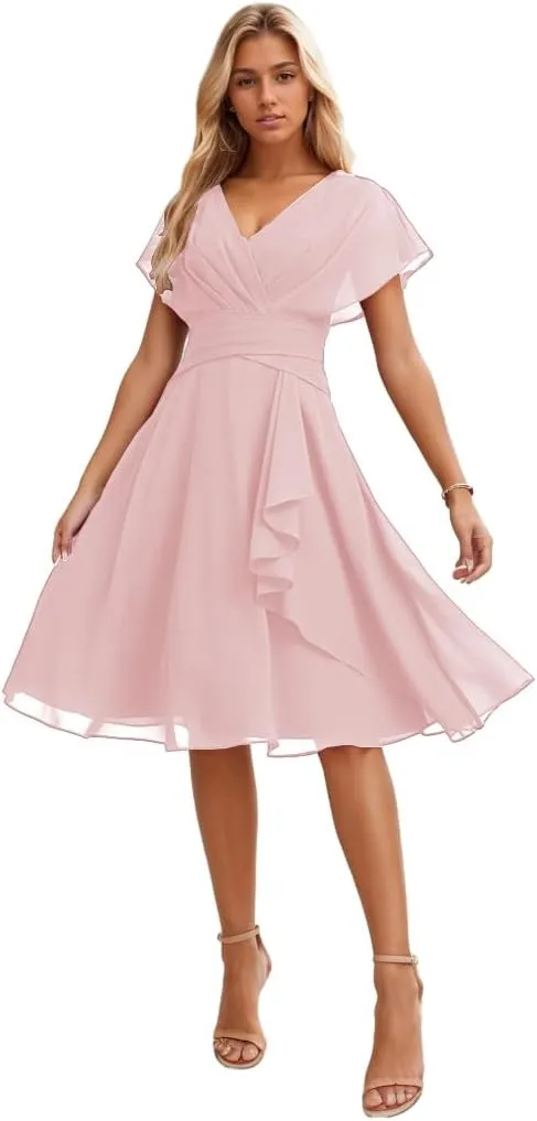 Chiffon Bridesmaid Dresses for Women V Neck Formal Dress with Sleeves Short Evening Party Gown