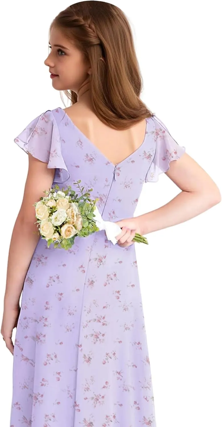 Chiffon Floral Junior Bridesmaid Dresses for Girls Ruffle Sleeves Party Formal Gowns Wedding V Neck Flower Girl Dress