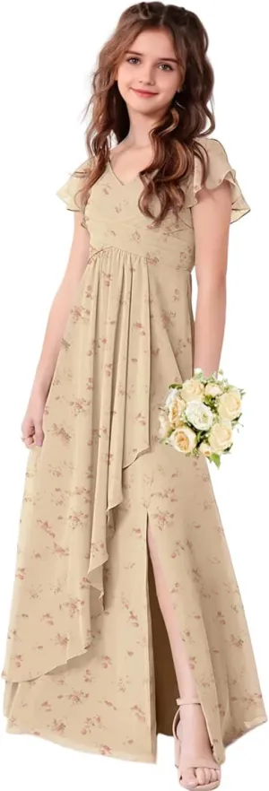 Chiffon Floral Junior Bridesmaid Dresses for Girls Ruffle Sleeves Party Formal Gowns Wedding V Neck Flower Girl Dress