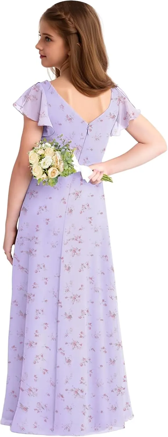 Chiffon Floral Junior Bridesmaid Dresses for Girls Ruffle Sleeves Party Formal Gowns Wedding V Neck Flower Girl Dress