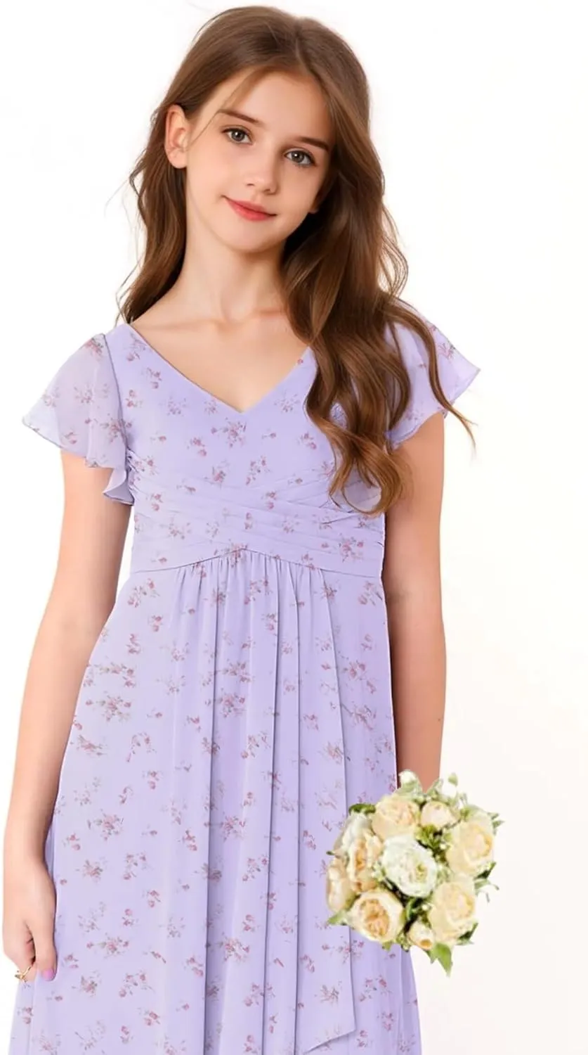 Chiffon Floral Junior Bridesmaid Dresses for Girls Ruffle Sleeves Party Formal Gowns Wedding V Neck Flower Girl Dress