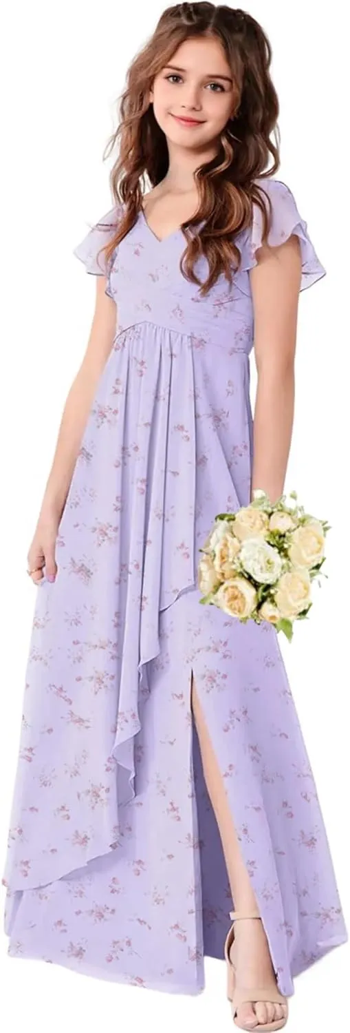 Chiffon Floral Junior Bridesmaid Dresses for Girls Ruffle Sleeves Party Formal Gowns Wedding V Neck Flower Girl Dress