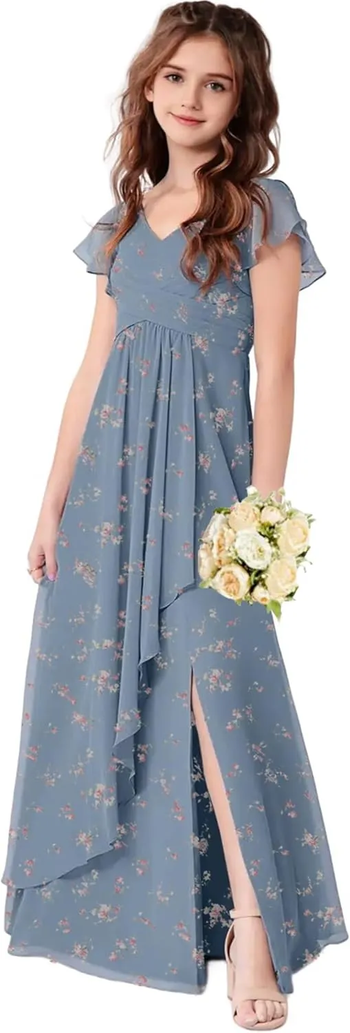 Chiffon Floral Junior Bridesmaid Dresses for Girls Ruffle Sleeves Party Formal Gowns Wedding V Neck Flower Girl Dress