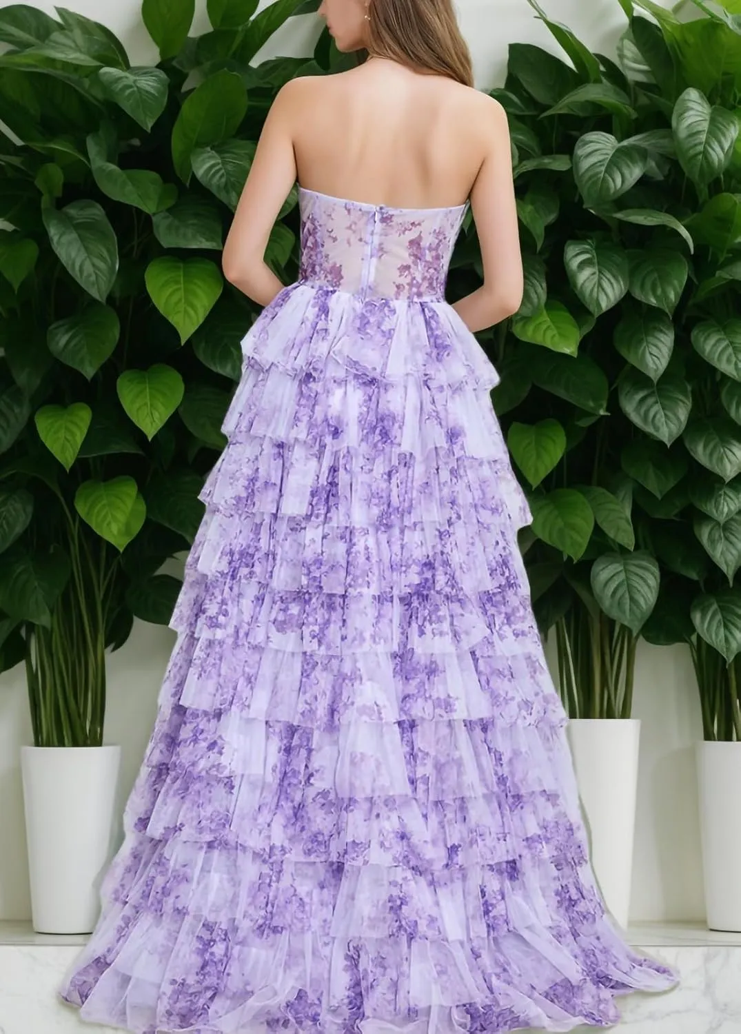 Chiffon Floral Print Prom Dresses Strapless Long Ball Gown Tiered A Line Formal Evening Party Gowns