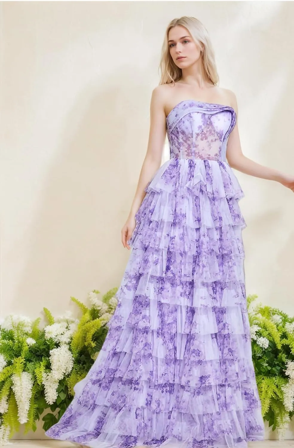 Chiffon Floral Print Prom Dresses Strapless Long Ball Gown Tiered A Line Formal Evening Party Gowns